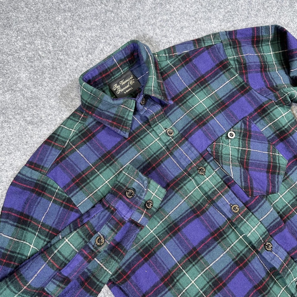 Vermont Flannel Co Shirt Mens XS Green Purple Plaid Button Front Long Sleeve